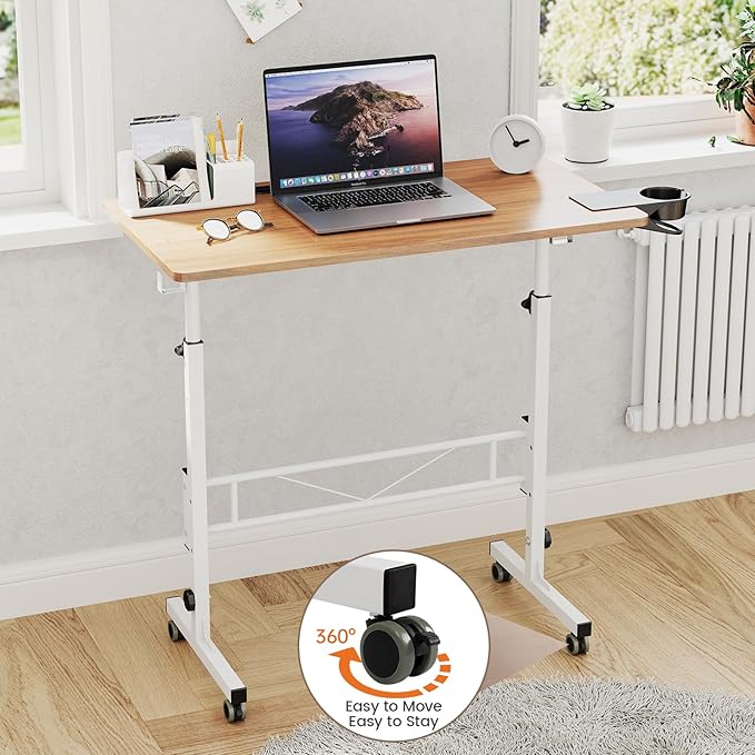 Hadulcet Portable Standing Desk Rolling Desk Adjustable Height Mobile Laptop Desk Small Stand Up Table with Wheels Walking Table for Treadmill Walking Pad Tall Computer Stand Oak