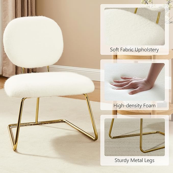 Art Leon Modern Vanity Chair with Back - Furry Upholstered Makeup Chair Living Room Side Chair Modern Accent Chair with Metal Legs for Bedroom Living Room Makeup Studio Manicure Shop White