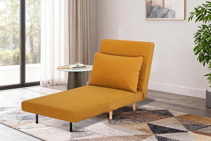 3 in 1 Upholstered Accent Chair Chenille Convertible Sofa Bed with Backrest Solid Wood Legs Convertible Couch Space Saving for Bedroom/Living Room/Home Office Easy Setup - Orange Brown