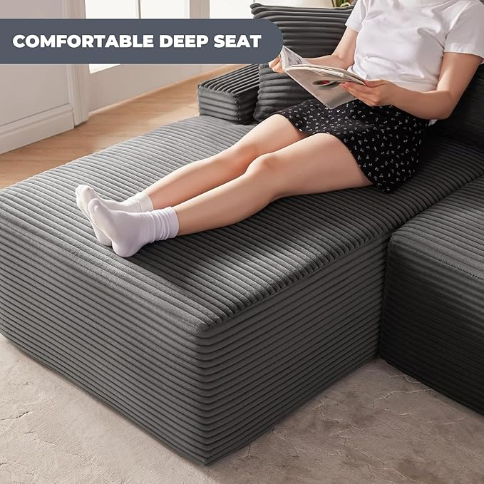 104'' Corduroy Boneless Couch for Living Room Modular Cloud Sectional Couches with Deep Seat Comfy Fluffy Sofas with L-Shaped ChaiseNo Assembly Required2PC Free Combination (Grey)