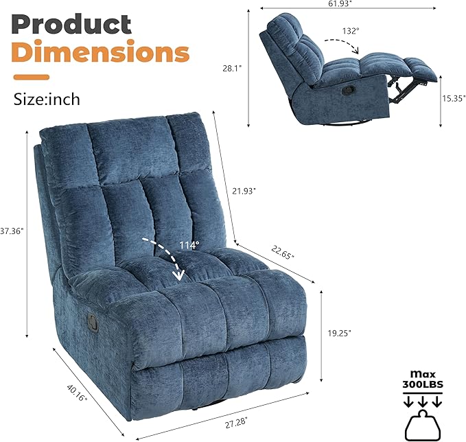 Modern 360° Swivel Rocker Recliner Chair for Adults Chenille Upholstered Manual Recliner Chair with Adjustable Backrest Soft Nursery Rocking Chair for Living Room Small Spaces (Blue/60)