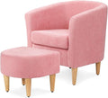 Athena Collection Modern Accent Chair with Ottoman Linen Barrel Sofa Chair Comfy Upholstered Armchair Reading Chair with Thickened Seat Cushion for Bedroom Living Room Pink