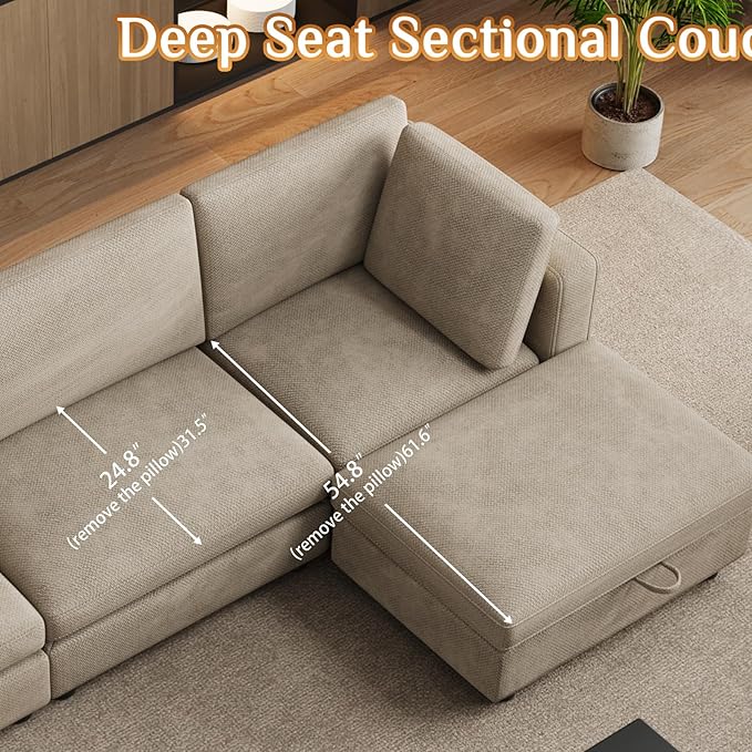 OUYESSIR 114 Oversized Modular Sectional Sofa L Shaped Sectional Couches for Living Room 4 Seat Modular Sofa with Storage Ottoman &amp Removable Cover Light Brown