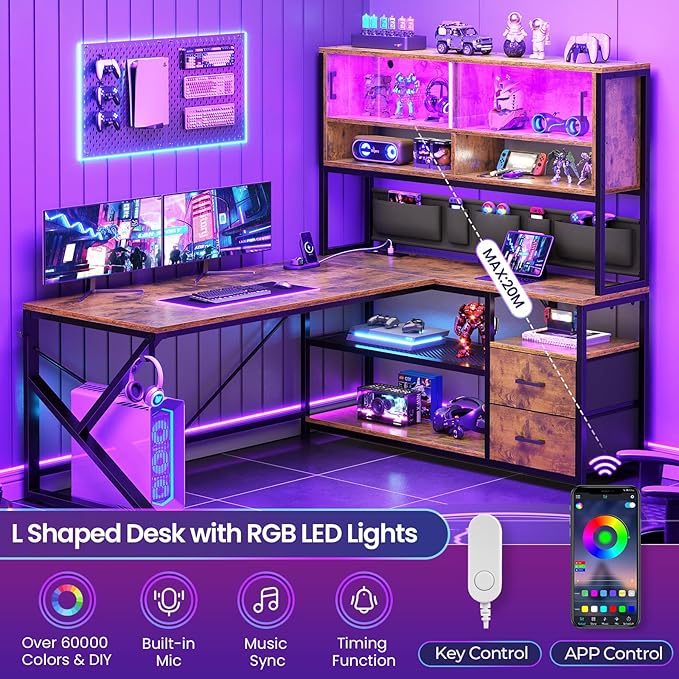 SEDETA L Shaped Computer Desk Home Office Desk with 2 Drawer and Bookshelf L Shaped Gaming Desk with LED Light Glass Cabinet and Storage Bag Corner Desk with Storage Shelves Rustic Brown