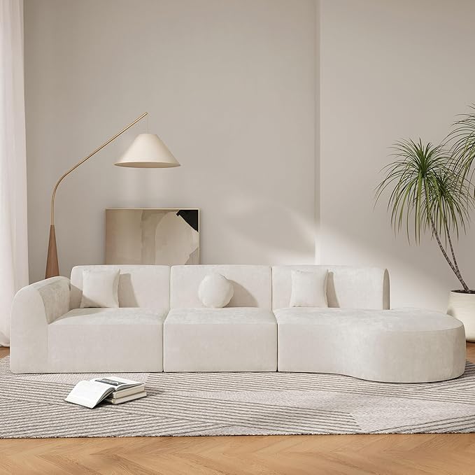 140 Modular Sectional Sofa with Curved Chaise Lounge Oversized Modern Sofa Set Right Hand Facing with Chenille Fabric Boneless Couches for Living Room 3-Piece Set Off-White