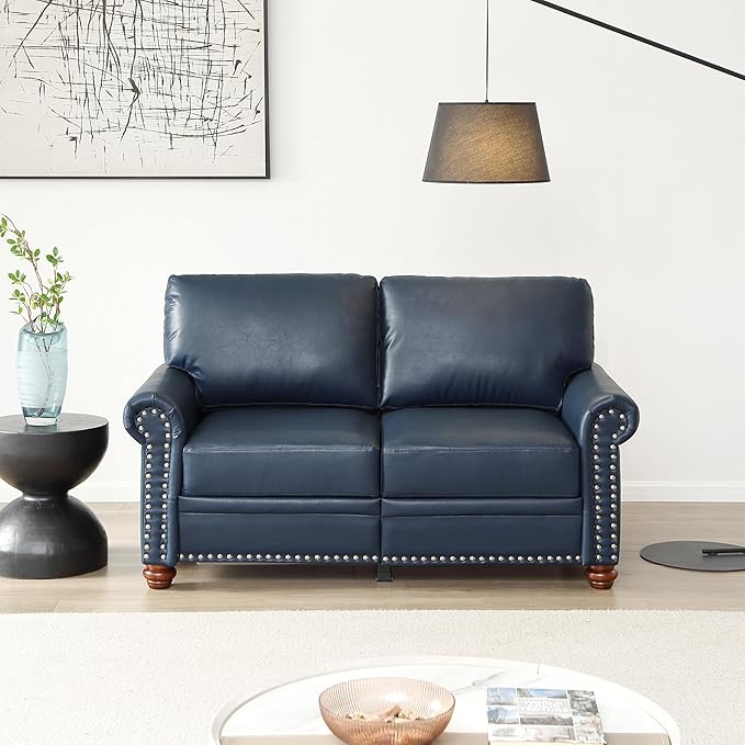 59 Faux Leather Pu Loveseat Underseat Storage Classic Love Seat Couch Elegance 2 Seat with Rolled Armrests Nailhead Trim Wood Legs Traditional Living Room Accent Sofa 2 Seat-Navy Blue
