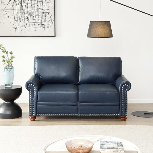 59 Faux Leather Pu Loveseat Underseat Storage Classic Love Seat Couch Elegance 2 Seat with Rolled Armrests Nailhead Trim Wood Legs Traditional Living Room Accent Sofa 2 Seat-Navy Blue