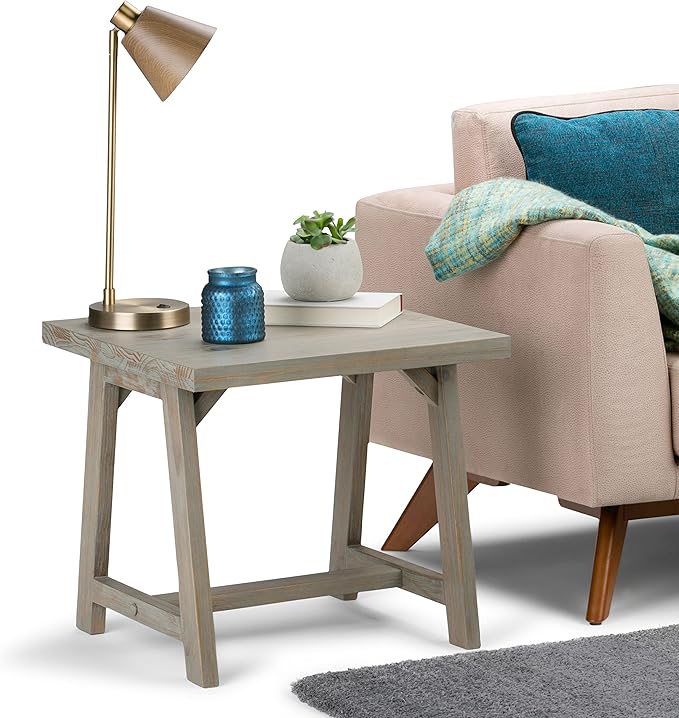 SIMPLIHOME Sawhorse SOLID WOOD 22 inch Wide Square Modern Industrial End Side Table in Distressed Grey for the Living Room and Bedroom