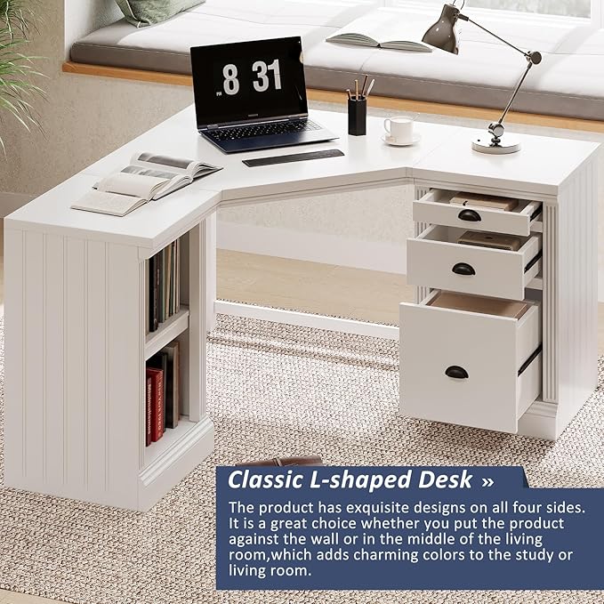 Modern L Shaped Executive Desk with 2 Storage Cabinets and 3 Drawers Corner Office Writing Desk Computer Desks with Depth Workstation for Home Office Living Room