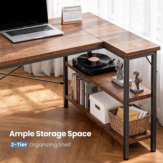 DUMOS L Shaped Desk 47 Inch Computer Desk Gaming Furniture Corner Desks Home Office PC Table with Reversible Storage Shelves for Writing Working Study Bedroom Dorm Rustic Brown