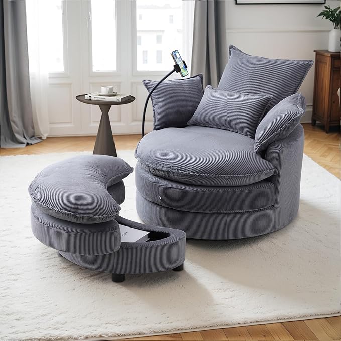 Swivel Barrel Accent Sofa Chair with Phone Holder &amp Storage Ottoman 360 Degree Modern Comfy Corduroy Oversized Leisure Chaise Lounge Arm Chair for Nursery Living Room Hotel Bedroom Office Gr