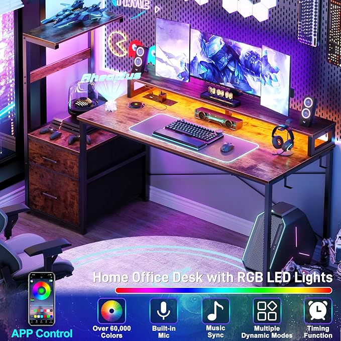 Aheaplus Gaming Desk with LED Strip &amp Power Outlet 59Inch Reversible Computer Desk with Monitor Stand &amp Storage Shelves Home Office Desks with Fabric File Drawer Gamer Table PC Desk Rustic