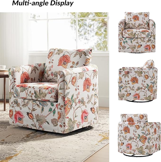 HULALA HOME Swivel Accent Chairs Set of 2 with Removable Cover Floral 360-degree Swivel Barrel Chairs Upholstered with Reversible Seat Cushion for Living Room Floral