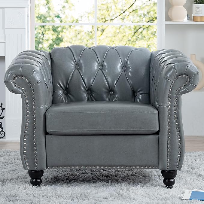 Oversized Chesterfield Chair PU Leather Accent Chair with Tufted Back Club Chair for Living Room Bedroom Gothic Victorian (Grey)