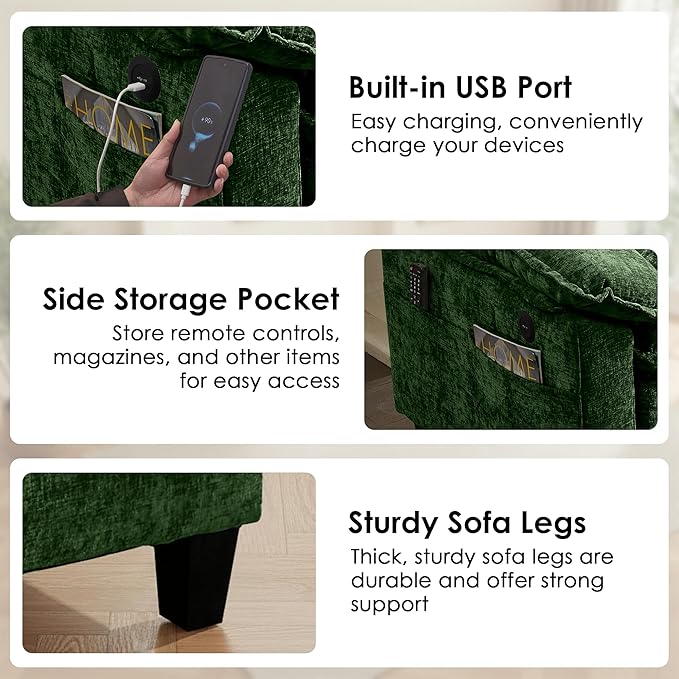 113 Modular Sectional Sofa: L Shaped Cloud Couch with Movable Ottoman Chenille 3 Seater Sofa with USB Charging &amp Side Pockets for Living Room - Green