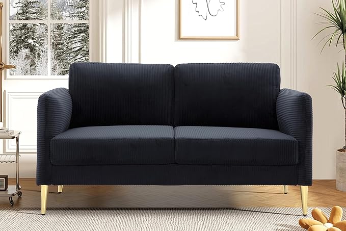 Modern Corduroy Loveseat – Mid-Century Small Sofa 60.63” Wide Plush Upholstered Cushions Solid Wood Frame Compact Living Room &amp Apartment Furniture Black