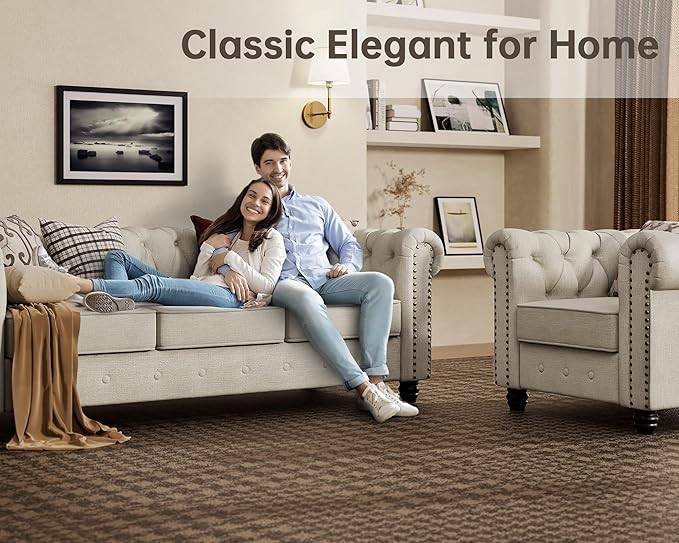 Morden Fort Classic Chesterfield Sofa Set 82'' Tufted Sofa for Couch Set with Solid Wood Legs Thick Cushion Pet-Friendly Deep Seat Sofas Couches for Living Room Bedroom Apartment - Linen Beige