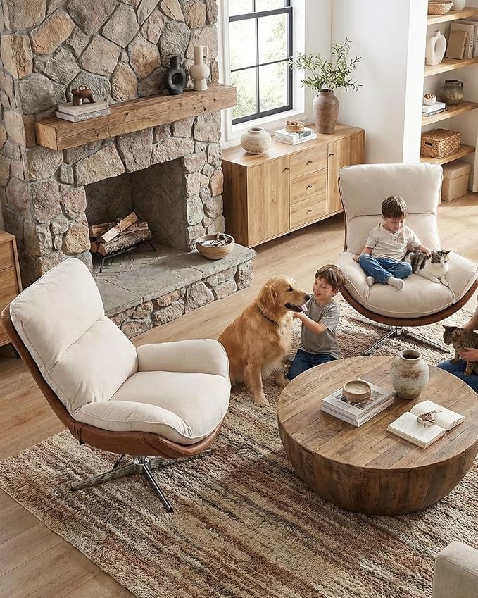LukeAlon Linen Swivel Lounge Chair Upholstered High Back Accent Chair with Metal Base Armelss Comfy Modern Recliner Chair for Living Room Office Beige