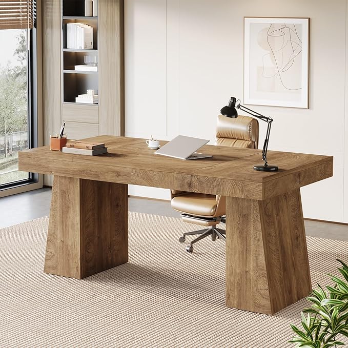 Tribesigns 55-Inch Executive Desk Thick Wood Office Computer Desk with Double Pedestal Modern Minimalist Workstations Writing Table Conference Table Furniture for Home Office Light Brown