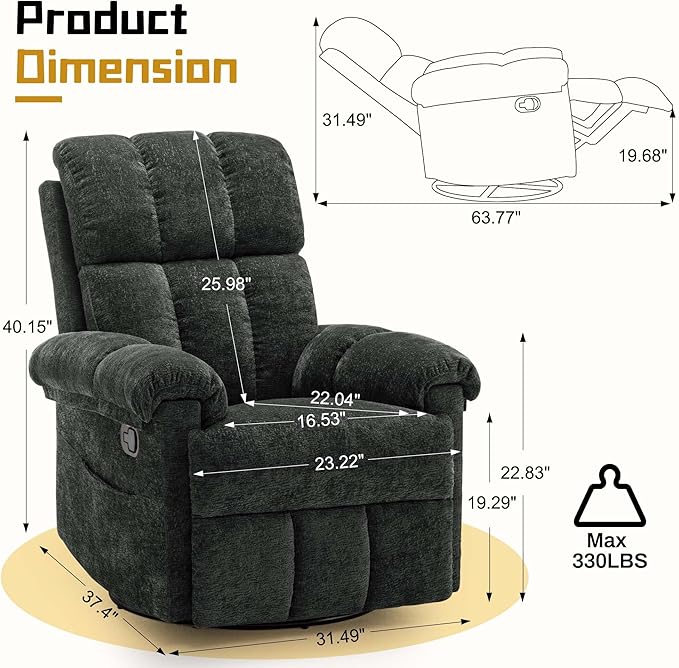 Recliner Chair Swivel Rocker Recliner Chair for Adults Small Recliners for Small Spaces Upholstered Manual Recliner with Side Pockets Nursery Rocking Chair for Living Room Chenille Black