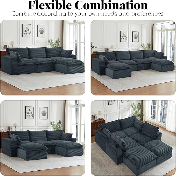 Modern L Shape Boneless Couch 109.4 Modular Sectional Sofa with Ottoman Comfy Corduroy Cloud Sofa with Deep Seat &amp Double-Layer Cushion Convertible 4 Seater Sleeper Couches for Living Room Gr
