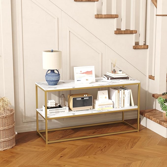 Function Home TV Stand for TVs up to 50 Inch 2 Tier Entertainment Center Modern TV Cabinet with Marble Top and Gold Metal Base 42 Media Console Table with Storage for Living Room Bedroom