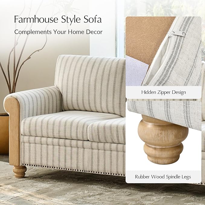 EcoHarbor Living 3-Seater Couch Stripe 81 Mid-Century Modern Upholstered Sofa with Armrests Stripe Couches for Living Room Bedroom Office Apartment
