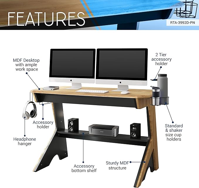 Techni Mobili Home Office Computer Writing Desk Workstation with Two Cupholders and a Headphone Hook- Pine