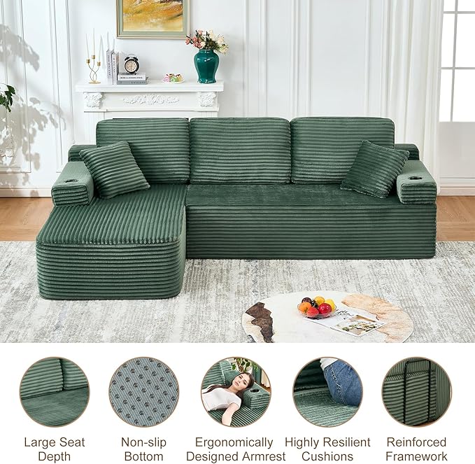 Cloud Sectional Couch with L-Shape ChaiseModern Minimalist Upholstered Couches with Deep SeatCorduroy Boneless Couches for Living Room Bedroom (Green 105 L-Shaped Left Chaise)