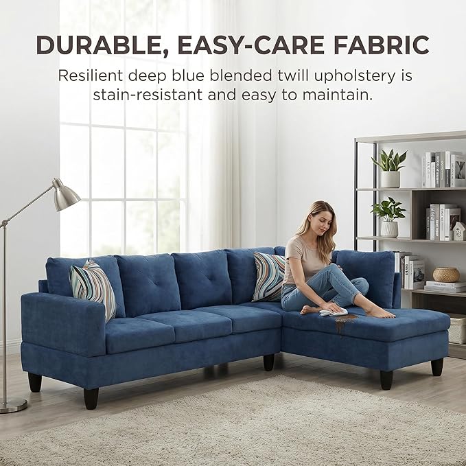 Modern L-Shaped Couch with Lounge Chaise Comfortable Sectional Sofa with Cushions and Sturdy Frame Perfect for Living Room Apartment Blue