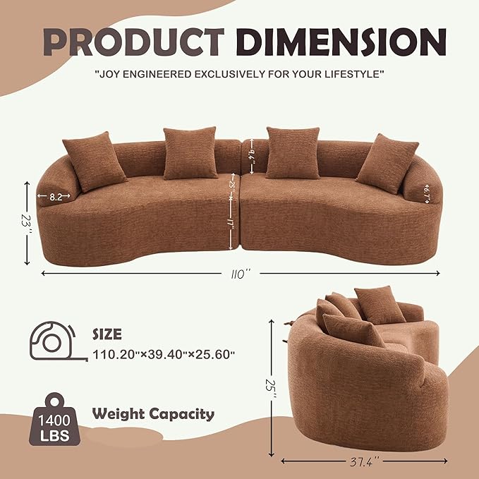 Modern Curved Boneless Sofa 110 Compression Modular Chenille High-Density sponge Sectional Couch with 4 seats No Assembly Required Lounge Sleeper Sofa for Living Room Apartment (Caramel)