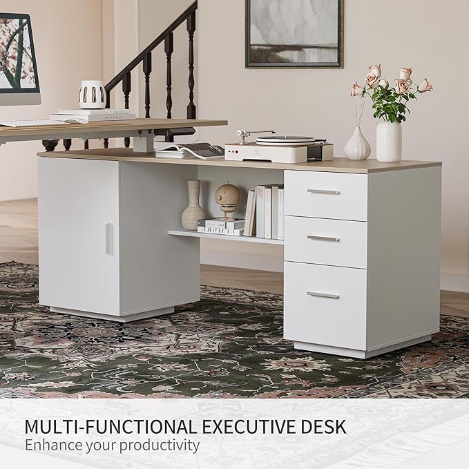 FEZIBO L Shaped Executive Standing Desk with File Cabinet &amp Shelves Electric Height Adjustable &amp Shape Reversible Light Walnut