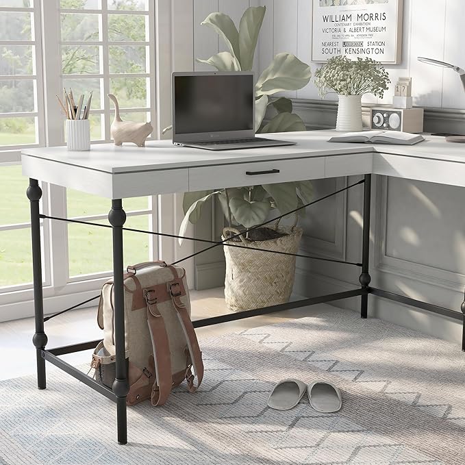 24/7 Shop at Home Monier Farmhouse Metal 2 Shelves Corner Computer Desk with USB Port Power Outlet 1 Drawer for Workstation Home Office Study Room Antique White