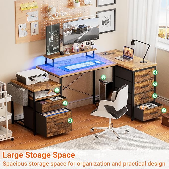 Unikito Reversible L Shaped Computer Desk with Fabric File Drawers 70.8 Large Office Desk with RGB LED Light &amp Power Outlets &amp Monitor Stand &amp CPU Stand Sturdy Corner Gaming Desk Rusti
