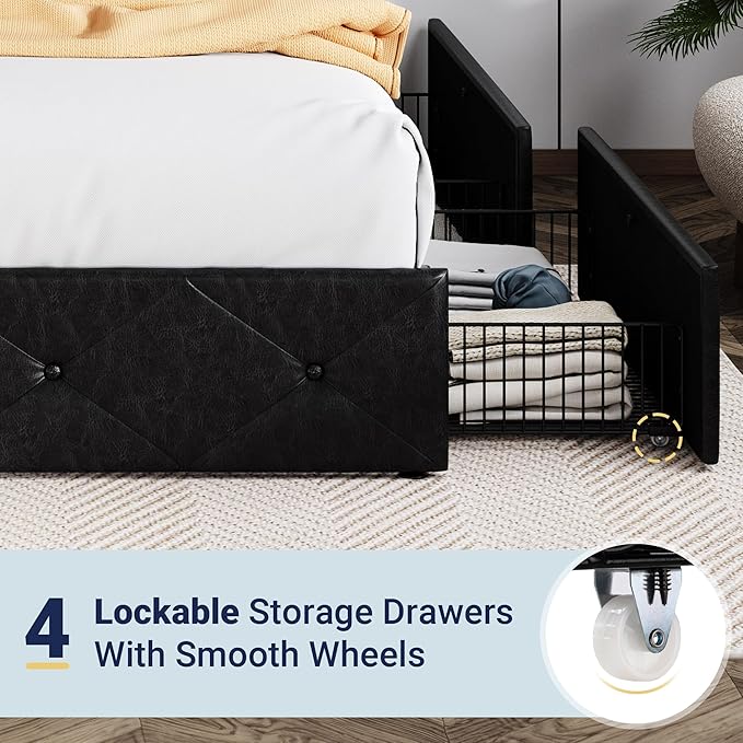 Allewie Upholstered Queen Size Platform Bed Frame with 4 Storage Drawers and Headboard Diamond Stitched Button Tufted Mattress Foundation with Wooden Slats Support No Box Spring Needed Black