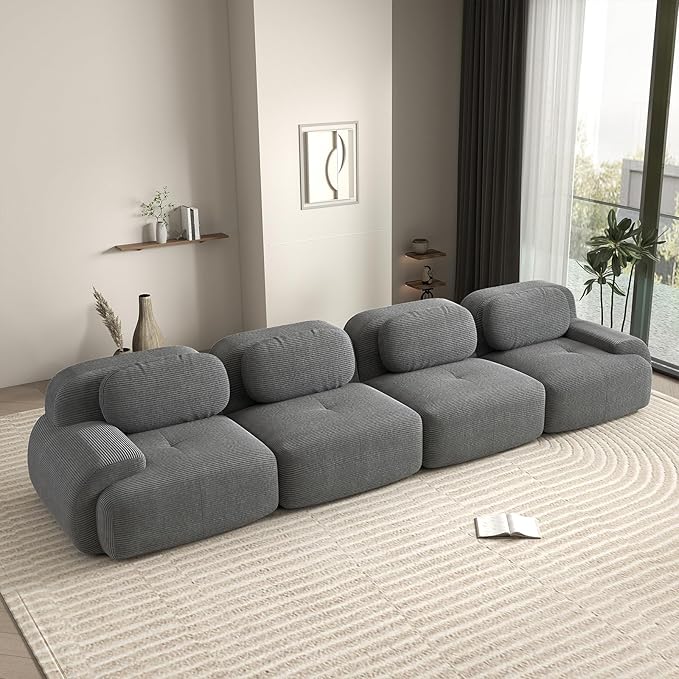 152 Modern Boneless Couches for Living Room Corduroy Cloud Couch Sectional Grey Modular Sectional Sofa 4 Seater Sofas for Living Room Sofas para Sala Deep Seat Couch (Gray 4 Seater)