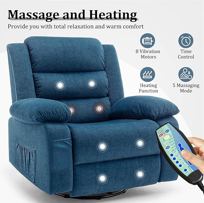 Recliner Chair Wide Rocker Chair Rocking Chair with Massage and Heat360°Swivel Nursery Rocking Chairs Oversized Recliner for Adults Cashmere Reclining Sofa for Living Room Blue
