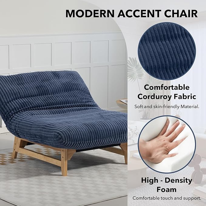 Modern Accent Chair Comfy Corduroy Upholstered Living Room Chair with Cushion Comfortable Accent Sofa Chair with Wooden Frame Armless Lazy Sofa for Living Room Bedroom (Blue) | Cushion