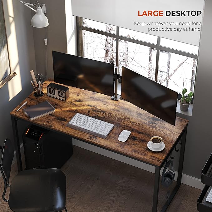 VASAGLE Computer Desk Office Desk with 8 Hooks for Study Home Office Easy Assembly Industrial Design 47.2 x 23.6 x 29.5 Inches Rustic Brown ULWD58X