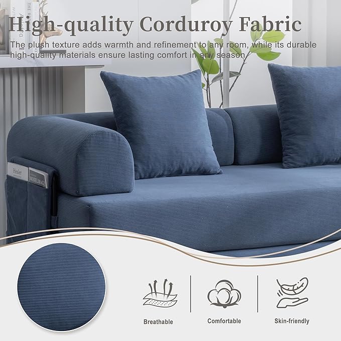 4‑in‑1 Convertible Sleeper Sofa Bed DIY Combination Floor Sofa Lounge Couch with Cylindrical Pillow Corduroy Futon Folding Mattress Couch for Apartment Bedroom Playroom Navy Blue