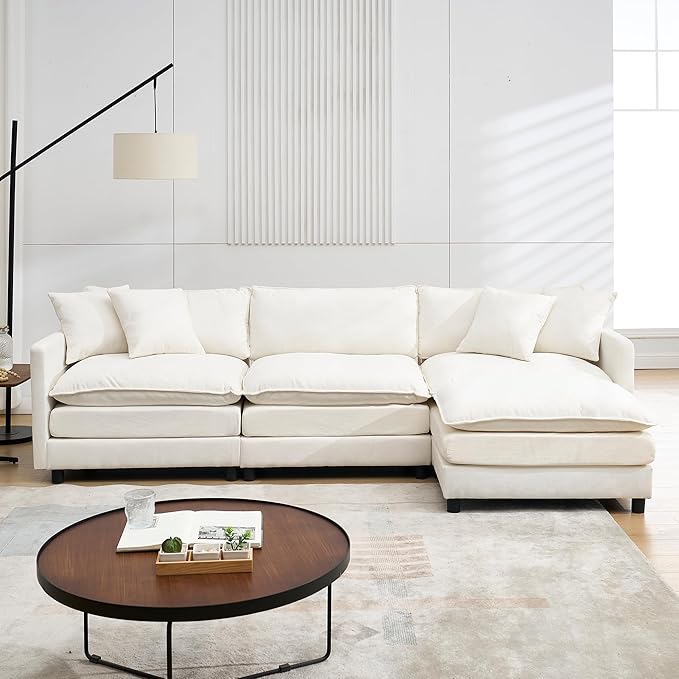 Modular Convertible Sectional Couch 4 Seat L Shaped Sofa Reversible Chaise Sectional Sofa Deep Seat Cloud Couch Chenille for Home Apartment Dorm (Cream White L Shaped)