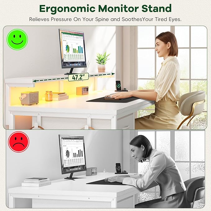Computer Desk with Ergonomic Monitor Stand &amp CPU Stand47.2 Gaming Desk with 1 Drawer &amp Power Outlet &amp LED Lights for Home Work Bedroom Study and Gaming Small SpacesWhite