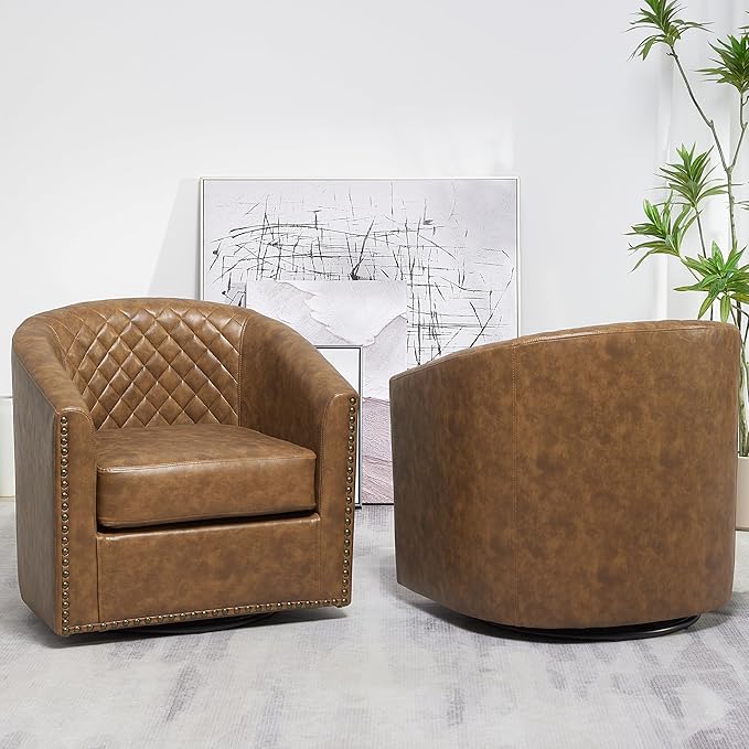 KINWELL 29 Wide Tufted Faux Leather Swivel Barrel Chair Set of 2 PU Leather Modern Upholstered Accent Chairs with Nailhead Trim Small Armchair for Living Room Bedroom Coffee