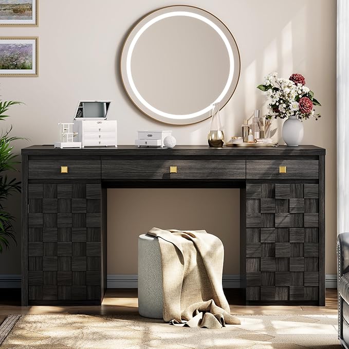58 Executive Desk with Drawers Home Office Desk with Charging Station &amp Keyboard Tray Wood Office Desk with File Drawer &amp Storage Cabinet Modern Computer Writing Desk with Adjustable Shelf
