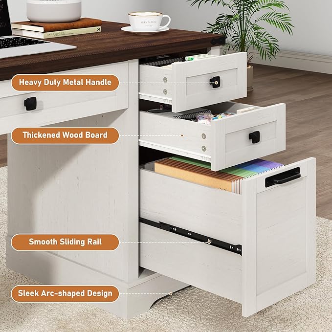 58'' Farmhouse Home Office Desk with Drawers Wooden Executive Desk with Charging Station File Drawers and Storage Cabinet Computer Desk for Work Study and Writing Rustic White