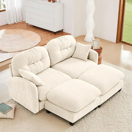 JULYFOX Loveseat Sofa and 2 Piece of Ottomans Beige Color 74 inch Wide Corner Sectional Couch L Shaped Chenille Fabric Sofa and Ottoman Set for Small Spaces(Beige Loveseat and 2 Piece of Ottoman)