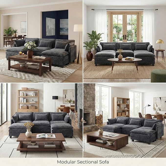 Pipishell Sectional Couches for Living Room 110.6 U-Shaped Modular Sectional Sofa 5-Seat Chenille Deep Seat Cloud Couch with 2 Movable Ottomans &amp Throw Pillows Grey