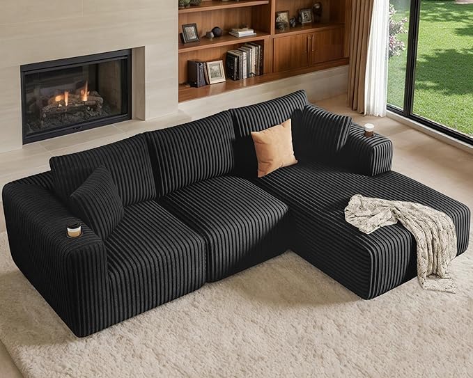 DURASPACE Modular Sectional Sofa Cloud Boneless Couch with Deep Seat Cup Holder Memory Foam Corduroy L Shaped Couch Convertible Sofa Bed for Living Room Bedroom No Assembly Required