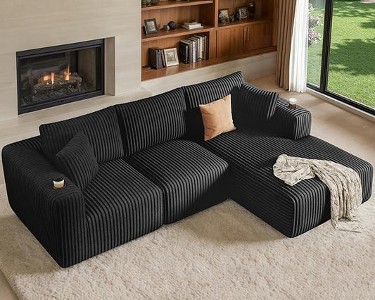 DURASPACE Modular Sectional Sofa Cloud Boneless Couch with Deep Seat Cup Holder Memory Foam Corduroy L Shaped Couch Convertible Sofa Bed for Living Room Bedroom No Assembly Required