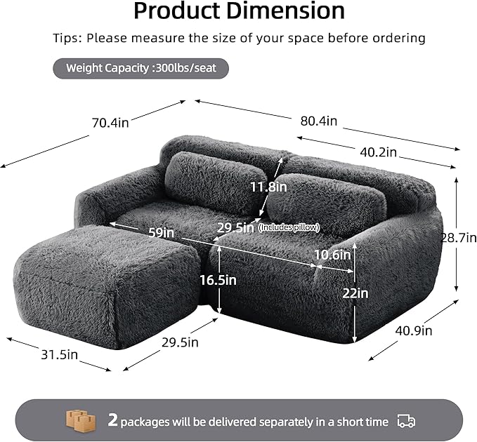 Boneless Couch Sectional Couches for Living Room 80.4'' L Shaped Modular Sectional Sofa with Ottoman Comfy Plush Cloud Boneless Loveseat Deep Seat Modular Couch for Small Spaces Dark Grey